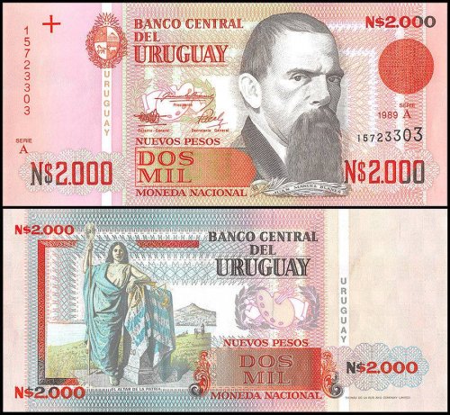 Uruguay 2,000 Nuevos Pesos Banknote, 1989, P-68, UNC