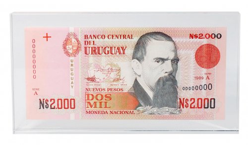 Uruguay 2,000 Nuevos Pesos Banknote, 1989, P-68s, UNC, Specimen In Acrylic Block