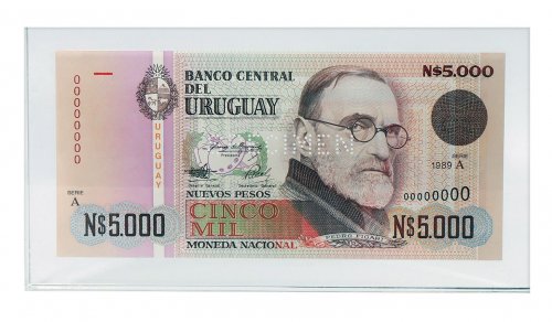 Uruguay 5,000 Nuevos Pesos Banknote, 1989, P-68As, UNC, Specimen In Acrylic Block