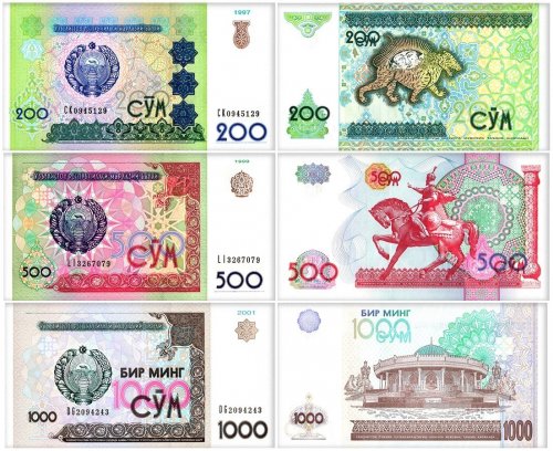 Uzbekistan 200-1,000 Som 3 Pieces Banknote Set, 1997-2001, P-80-82, UNC