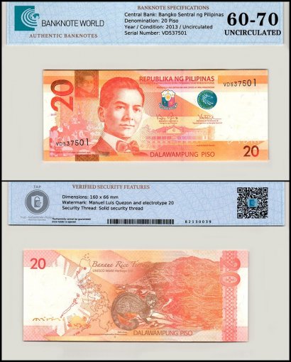 Philippines 20 Piso Banknote, 2013, P-206a.3, UNC, TAP 60-70 Authenticated