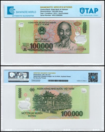 Vietnam 100,000 Dong Banknote, 2011, P-122h, UNC, Polymer, TAP Authenticated