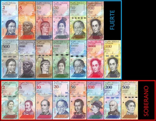 Venezuela 2 - 100,000 Bolivar Fuerte & 2 - 500 Soberano 21 Piece Set, 2007-2018, UNC