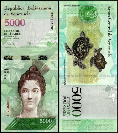 Venezuela 5,000 Bolivar Fuerte Banknote, 2017, P-97b, UNC
