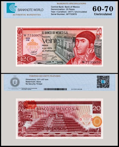 Mexico 20 Pesos Banknote, 1977, P-64d, UNC, Series CW, TAP 60-70 Authenticated