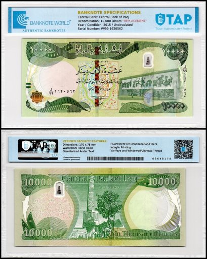 Iraq 10,000 Dinars Banknote, 2015 (AH1436), P-101bz, UNC, Replacement, TAP Authenticated