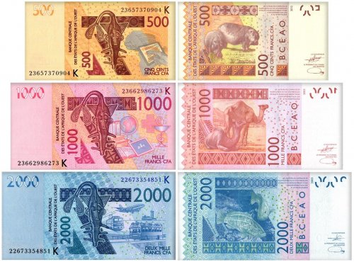 West African States - Senegal 500-2,000 Francs 3 Pieces Banknote Set, 2022-2023, P-715Kw-719Kl, UNC