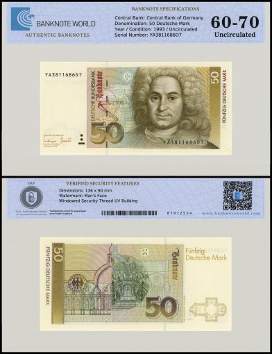 Germany Federal Republic 50 Deutsche Mark Banknote, 1993, P-40cz, UNC, Replacement, TAP 60-70 Authenticated