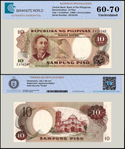 Philippines 10 Piso Banknote, 1969 ND, P-144b, UNC, TAP 60-70 Authenticated