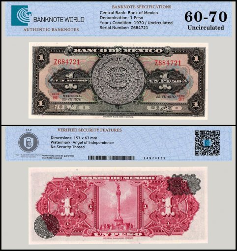 Mexico 1 Peso Banknote, 1970, P-59l.1, UNC, Series BII, TAP 60-70 Authenticated