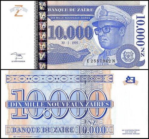 Zaire 10,000 Nouveaux Zaires Banknote, 1995, P-70, UNC