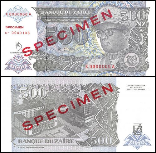 Zaire 500 Nouveaux Zaires Banknote, 1994, P-64s, Used, Specimen