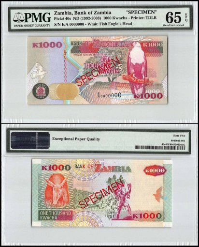 Zambia 1,000 Kwacha, 1992-2003, P-40s, Specimen, PMG 65