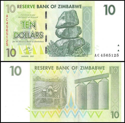 Zimbabwe 10 Dollars Banknote, 2007, P-67, UNC