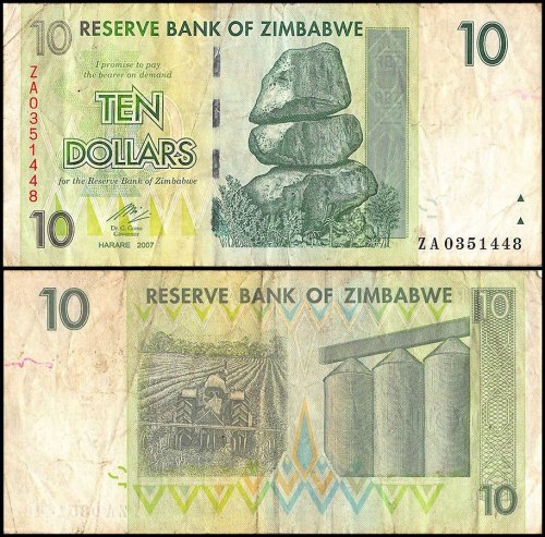Zimbabwe 10 Dollars Banknote, 2007, P-67, Used, Replacement