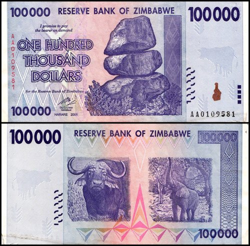 Zimbabwe 100,000 Dollars Banknote, 2008, P-75, Used