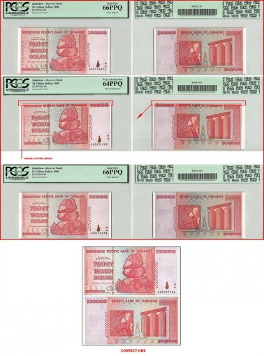 Zimbabwe 20 Trillion Dollars 3 Piece Set, 2008, P-89, Cutting Error Bookend PCGS