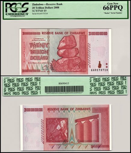 Zimbabwe 20 Trillion Dollars Banknote, 2008, P-89, Radar Serial #, PCGS 66