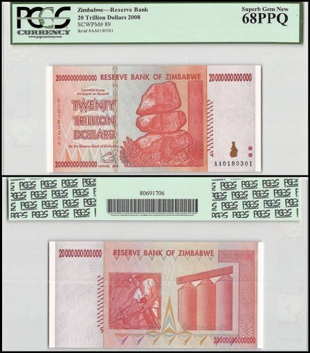 AA/2008 Zimbabwe 20 Trillion Dollars Banknote Uncirculated UNC  P-89 