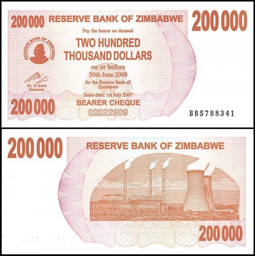 Zimbabwe 200,000 Dollars Bearer Cheque, 2007, P-49, UNC