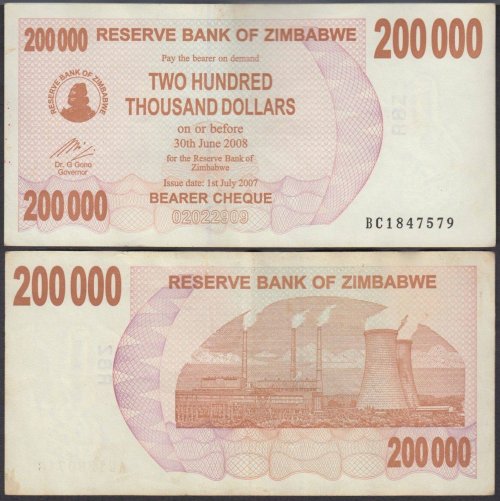 Zimbabwe 200,000 Dollars Bearer Cheque, 2007, P-49, Used