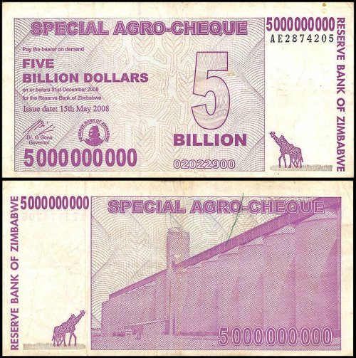 Zimbabwe 5 Billion Dollars Special Agro Cheque, 2008, P-61, Used
