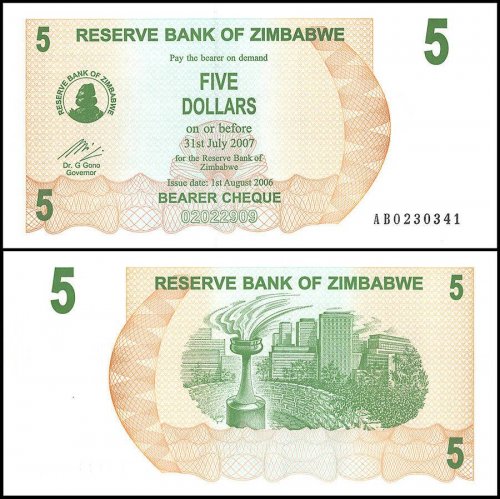 Zimbabwe 5 Dollars Bearer Cheque, 2006, P-38, UNC