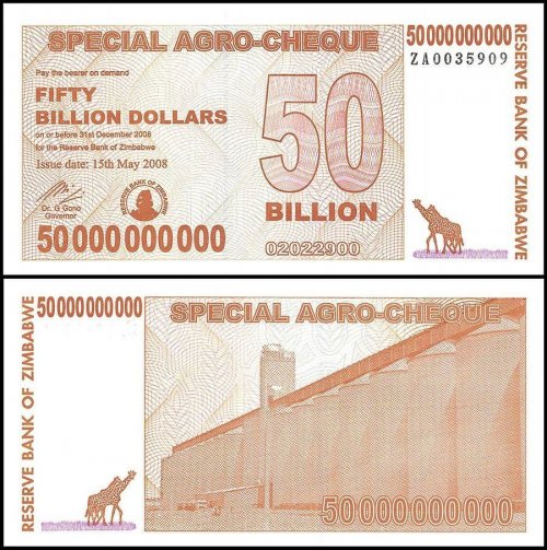 Zimbabwe 50 Billion Dollars Special Agro Cheque, 2008, P-63z, UNC, Replacement