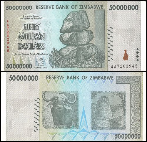 Zimbabwe 50 Million Dollars Banknote, 2008, P-79, Used