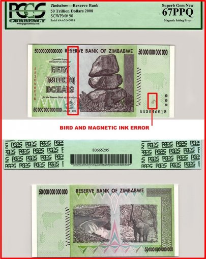 Zimbabwe 50 Trillion Dollars Banknote, 2008, P-90, Inking Error, PCGS 67