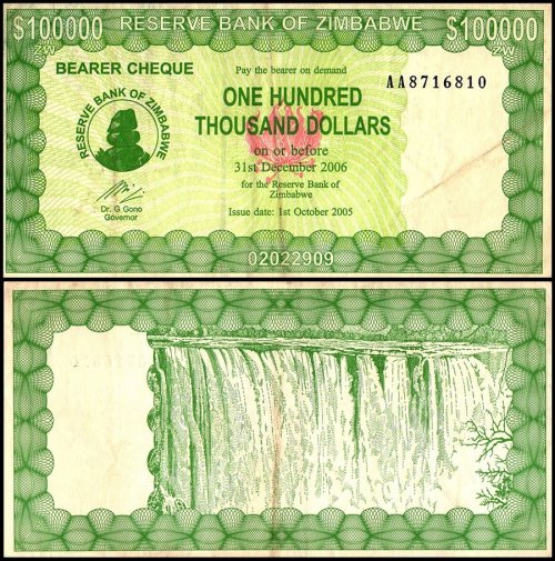 Zimbabwe 100,000 Dollars Bearer Cheque, 2005, P-31, Used