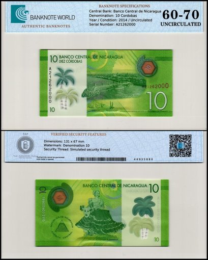 Nicaragua 10 Cordobas Banknote, 2014, P-209a.1, UNC, Polymer, TAP 60-70 Authenticated