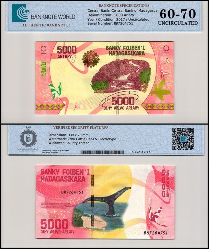 Madagascar 5,000 Ariary Banknote, 2017 ND, P-102, UNC, TAP 60-70 Authenticated