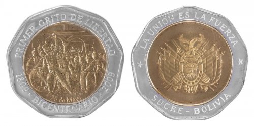 Bolivia 15 g Bi-Metallic Coin, 2009, Mint, Primer Grito de Libertad en America