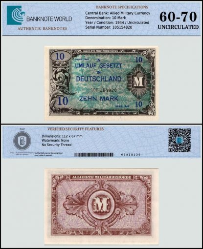 Germany - Allied Military Currency 10 Mark Banknote, 1944, P-194b, UNC, TAP 60-70 Authenticated