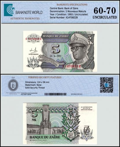 Zaire 5 Nouveaux Makuta Banknote, 1993, P-48, UNC, TAP 60-70 Authenticated
