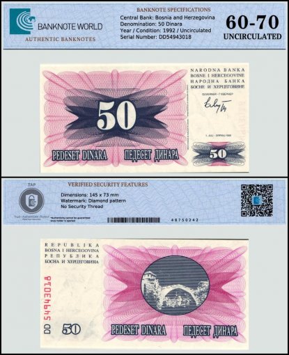 Bosnia & Herzegovina 50 Dinara Banknote, 1992, P-12, UNC, TAP 60-70 Authenticated