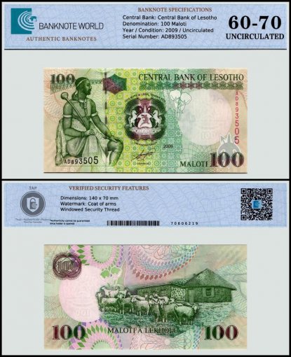 Lesotho 100 Maloti Banknote, 2009, P-19e, UNC, TAP 60 - 70 Authenticated