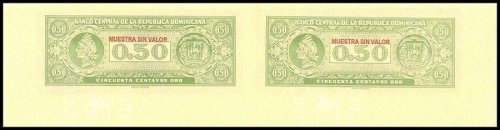 Dominican 50 Centavos Oro, 1961, P-90s, USED, SPECIMEN, 2 PCS, Uncut Sheet