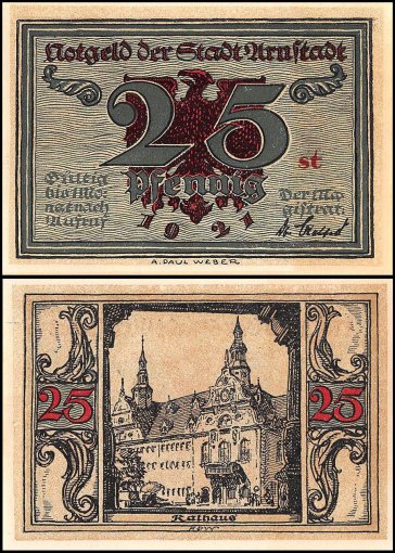 Germany 25 Pfennig Notgeld 6 Pieces (PCS) Set, 1921, UNC,Arnstadt Stadt,Thringen