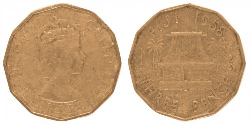 Fiji 3 Pence Coin, 1958, KM #22, XF-Extremely Fine, Queen Elizabeth II, Hut