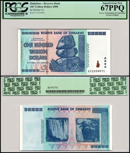 Zimbabwe 100 Trillion Dollars Banknote, 2008, P-91, Missing Cow & Blue Ink Error, PCGS 67