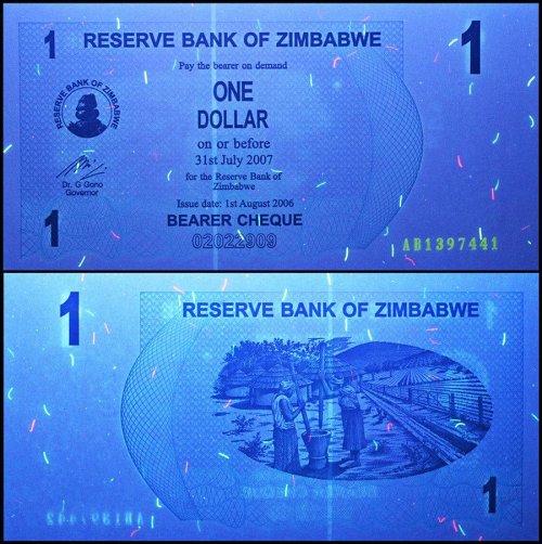 Zimbabwe 1 Dollar Bearer Cheque, 2006 Series, P-37, UNC