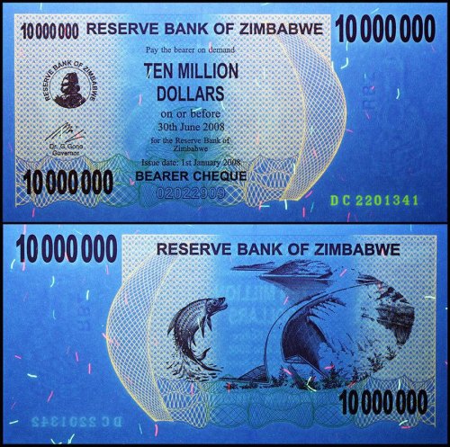 Zimbabwe 10 Million Dollars Bearer Cheque, 2008, P-55, UNC