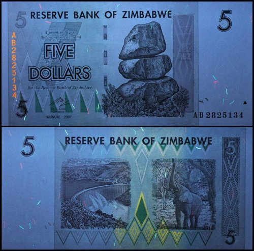 Zimbabwe 5 Dollars Banknote, 2007, P-66, UNC, 50 & 100 Trillion Series