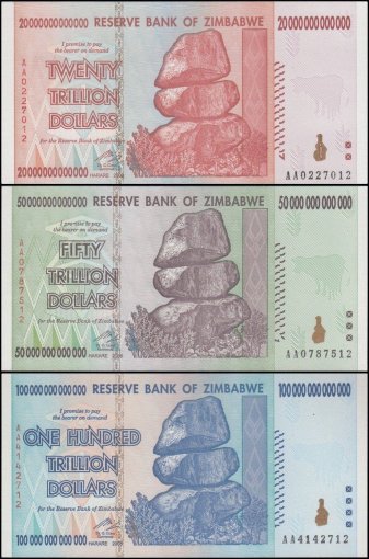 Zimbabwe Full Set in Black Album $1-$100 Trillion Dollar Series, 2008, UNC