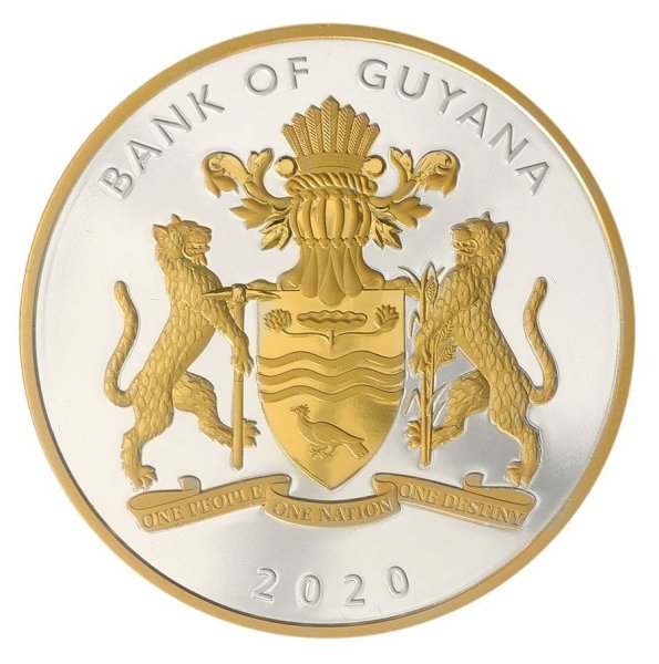 10,000 Guyana Dollars 2020 BU .999 Gold Plated Silver Coin In Box