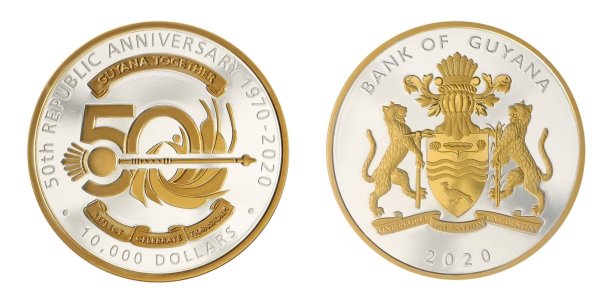 10,000 Guyana Dollars 2020 BU .999 Gold Plated Silver Coin In Box