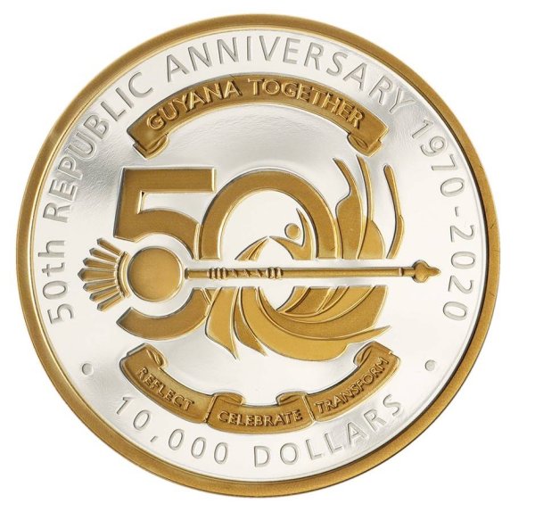 10,000 Guyana Dollars 2020 BU .999 Gold Plated Silver Coin In Box