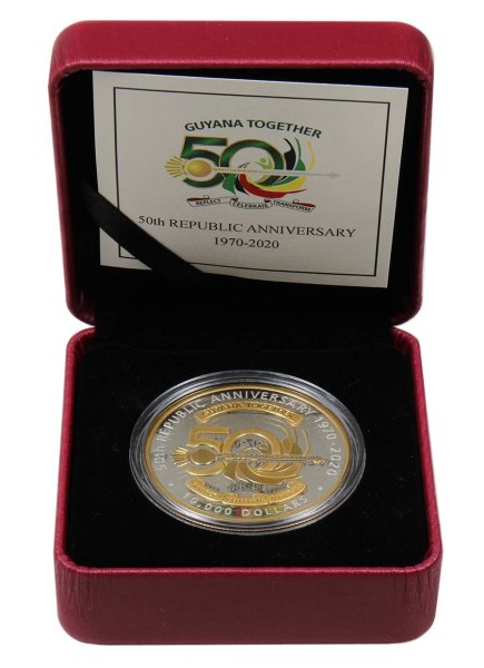10,000 Guyana Dollars 2020 BU .999 Gold Plated Silver Coin In Box
